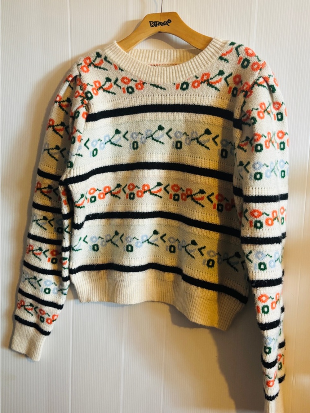 Roolee Cream Floral Stripe Crewneck Sweater size XL